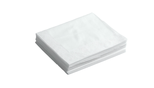 Stack of white paper napkins with subtle textures, casting a soft shadow on a black backdrop