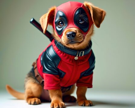 A small dog wearing a Deadpool costume