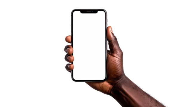Dark-skinned hand holds a blank white-screen smartphone against a stark black backdrop, emphasizing the device's display