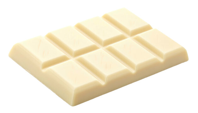 Creamy rectangular white chocolate bar broken into eight segments, isolated on a dark, contrasting background