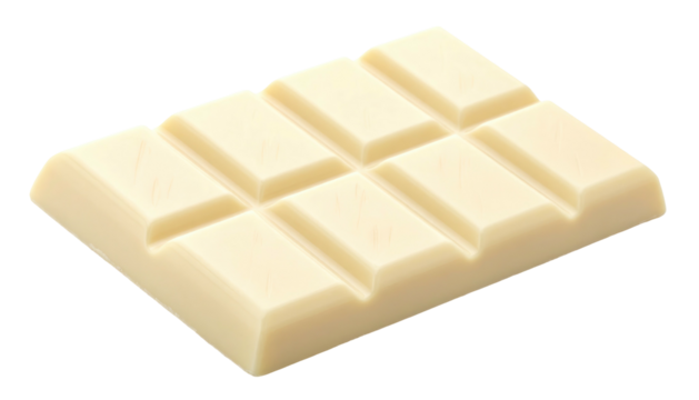 Creamy rectangular white chocolate bar broken into eight segments, isolated on a dark, contrasting background