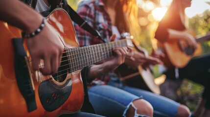 Obraz premium Group of people playing guitars in a park