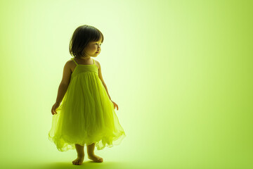 Young girl in a sheer neon green dress standing against a green background  
