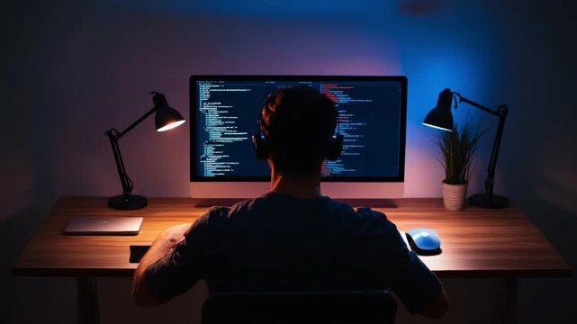 Code Weaver: A silhouette of a person intensely focused on programming, bathed in the soft glow of the monitor and desk lamps. Capturing the essence of modern coding and creative work.