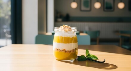 Delicious Mango Parfait Dessert Presented On A Wooden Table With Beautiful Natural Light
