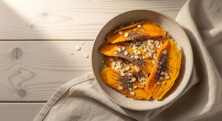 Delicious Mango Slices With Oats And Chia Seeds, A Healthy Breakfast Option