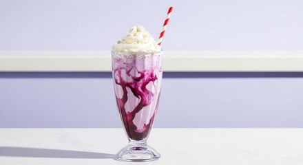 Delicious Milkshake With Whipped Cream And A Stripped Straw On A Fresh White Table