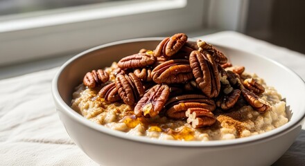 Delicious Oatmeal Bowl with Pecans, A Healthy Breakfast Option for Nutritional Needs