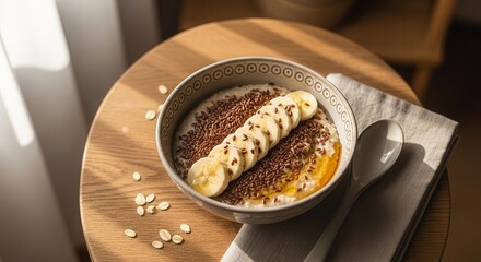 Delicious Oatmeal With Banana Slices And Seeds On Top For A Healthy Breakfast