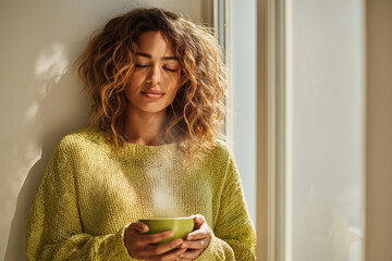 Young woman enjoying warm beverage while relaxing indoors by window  