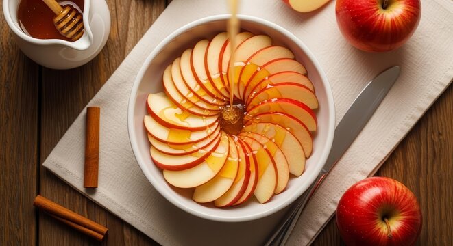 Delicious Apple Slices Drizzled With Honey, Cinnamon Sticks on a Wooden Table