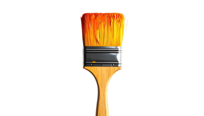 Yellow, orange paint loaded on the brush bristles. Isolated centered on black. Wooden handle, metallic ferrule