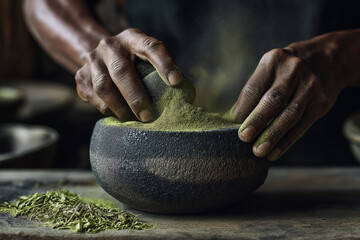Hands grinding herbs in traditional mortar with green powder  