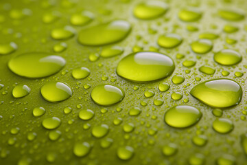 Closeup of water droplets on a chartreuse green surface  