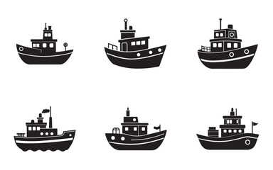 Obraz premium Collection of Black and White Boat Icons Representing Nautical Transportation and Maritime Vessels with Various Cabin Designs
