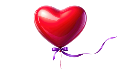 Red, heart-shaped balloon with purple ribbon