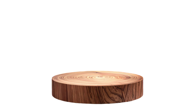 Isolated wooden stump slice with light rings against a black background. Brown circular wood grain texture