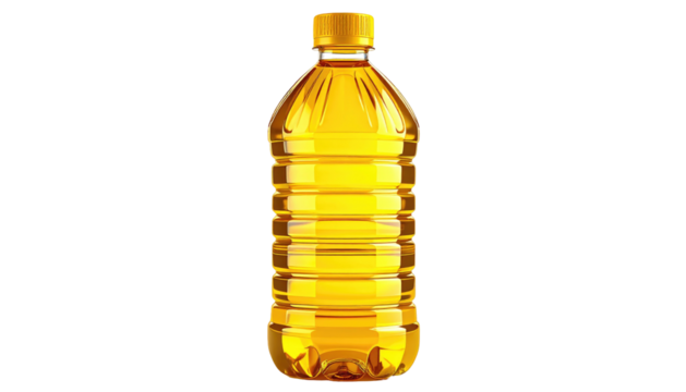 Clear plastic bottle filled with amber-colored liquid, topped with a yellow cap against a contrasting black background