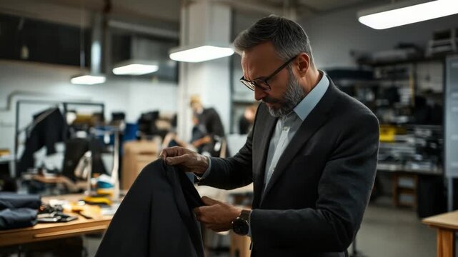 Crafting Elegance: A distinguished tailor, immersed in his craft, meticulously examines the fine details of a bespoke suit within a tailored atelier.