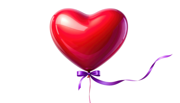 Red, heart-shaped balloon with purple ribbon