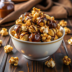 Delicious bowl of caramel chocolate drizzled popcorn on a rustic wooden table