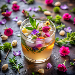 Refreshing summer cocktail with edible flowers and herbs