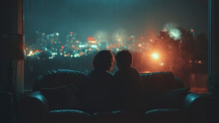 Cozy Living Room Scene with Fireworks Framed by Window.