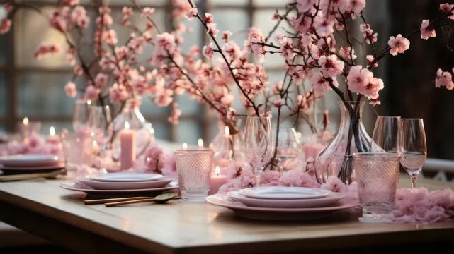 Beautiful spring-inspired dining table setup with cherry blossoms and soft candlelight in a cozy atmosphere