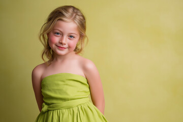 Young girl smiling in a green dress against a soft yellow background  with empty space for text