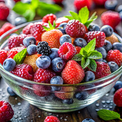 Fresh mixed berries in a glass bowl with mint leaves