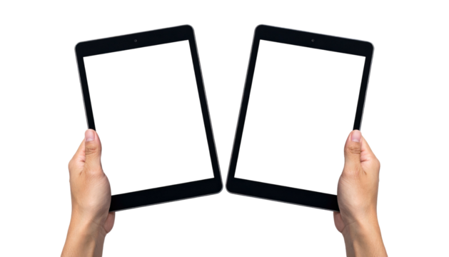 Two hands holding tablets, both screens black, against a dark background, conveying connection or technology