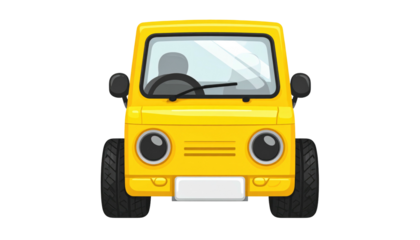 Cartoon yellow car faces forward with simple lines. Tires are thick and windows reflect light softly