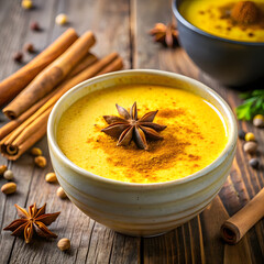Warm golden turmeric latte with star anise and cinnamon sticks