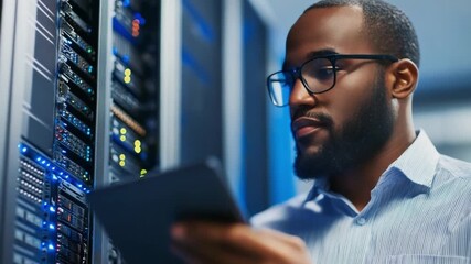 Tech Specialist Examining Data: A focused technician intently examines data on a tablet, the vibrant glow of the server room illuminates his determined expression. - Powered by Adobe