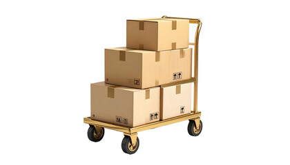 Stacked cardboard boxes secured to a gold-toned, rolling cart against a black background