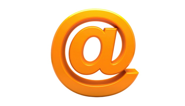 3D render orange "@" symbol. Glossy texture, black background, tilted, central, floating. Digital art and graphic design - Powered by Adobe