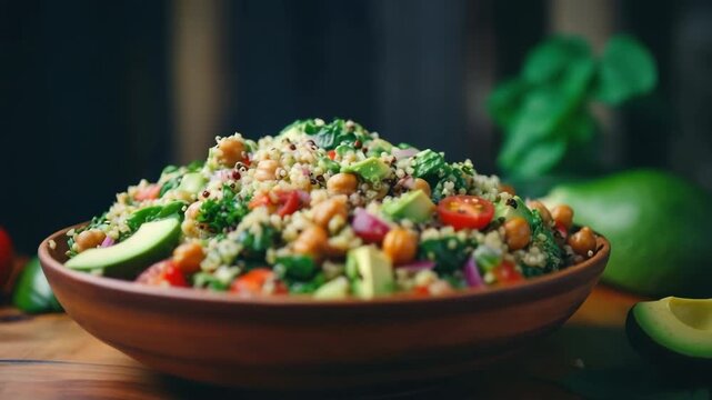 Healthy couscous salad with fresh vegetables, chickpeas, and avocado prepared in a cozy kitchen setting