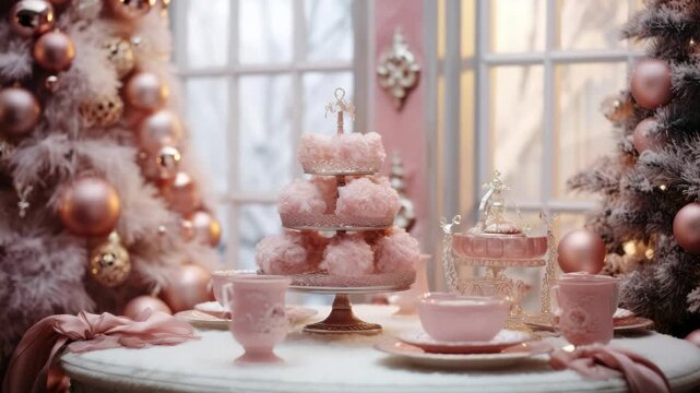 Elegant pink tea party with fluffy treats and festive decorations round the table in a cozy winter setting