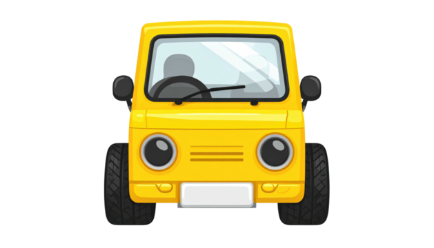 Cartoon yellow car faces forward with simple lines. Tires are thick and windows reflect light softly