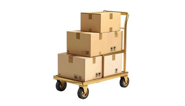 Stacked cardboard boxes secured to a gold-toned, rolling cart against a black background