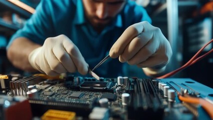 Precision Work: A focused technician meticulously repairs an electronic circuit board. Highlighting the intricate details of technology