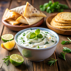 Fresh mint yogurt dip with lime and pita bread