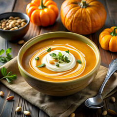Warm and creamy pumpkin soup with garnish and autumn decor