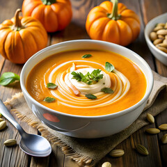 Delicious creamy pumpkin soup with swirls and garnish