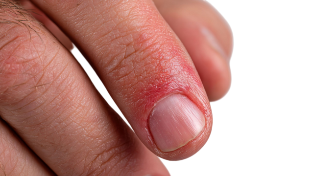 PNG of Close-up of a male hand showing a red sore around the fingernail, highlighting possible injury or irritation.