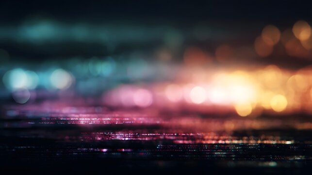 Abstract visualization of digital data flow with vibrant bokeh lights and subtle glitch effects representing futuristic technology