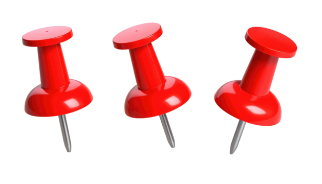 Three red pushpins, angled on a black background, rendered with smooth, glossy 3D style