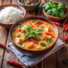 Delicious thai red curry with chicken and basil served with rice