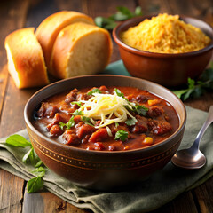 Hearty bowl of chili topped with cheese and fresh herbs served with bread