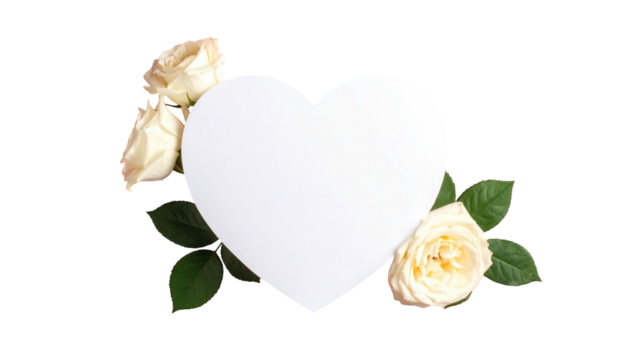 White heart surrounded by soft cream roses with green leaves on a black background, ideal for a romantic message